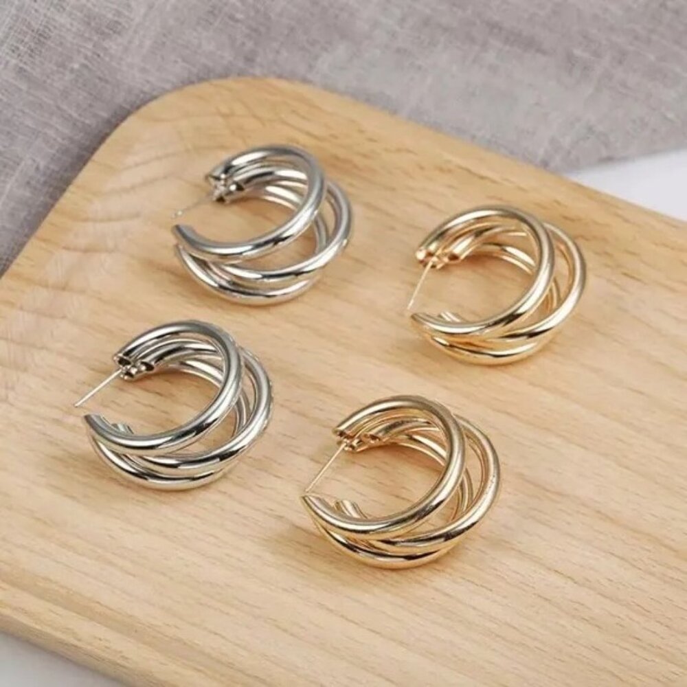 “Triple Dare” Multi-Hoop Classic Simple Minimalist Neutral Casual Circle Earring - Picture 6 of 10